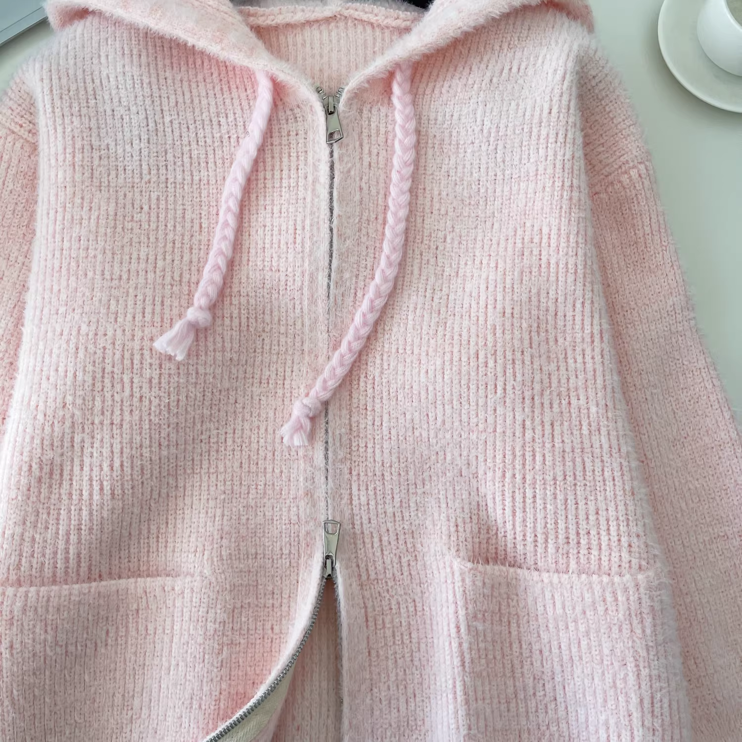 Sweet And Versatile Knitted Cardigan With Loose Hood And Zip-up Pockets YM2425