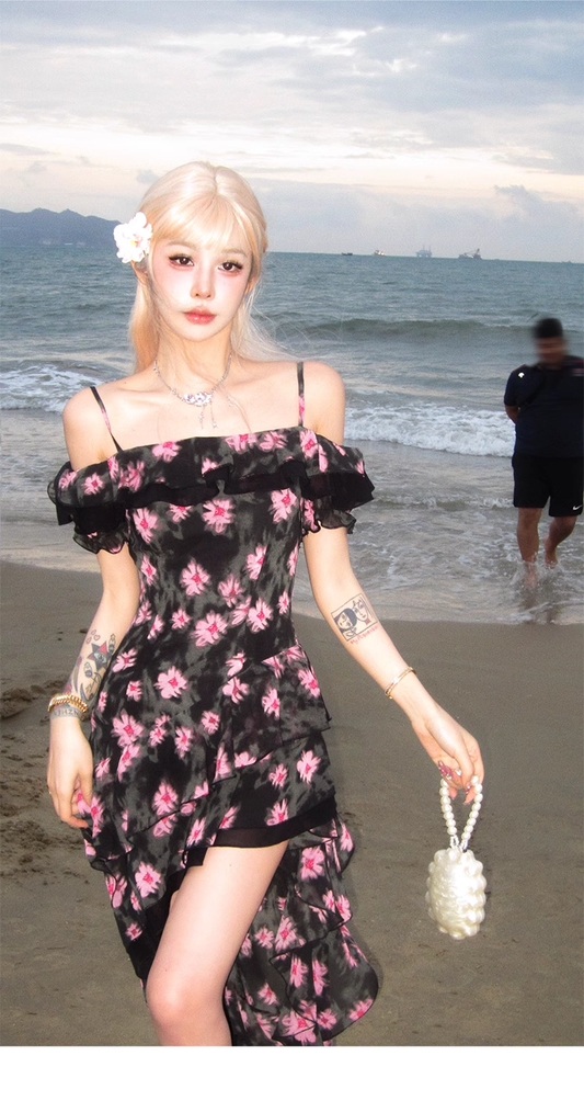 Charming Off The Shoulder Floral Chiffon Long Prom Dress Irregular Party Dress YM2008