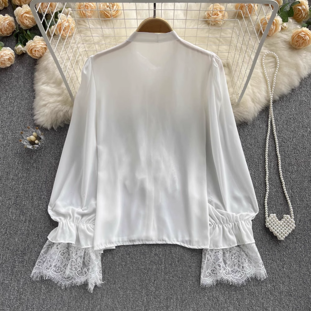 Ruffle Trim Blouses Panel Lace Chiffon Long Sleeves YM431