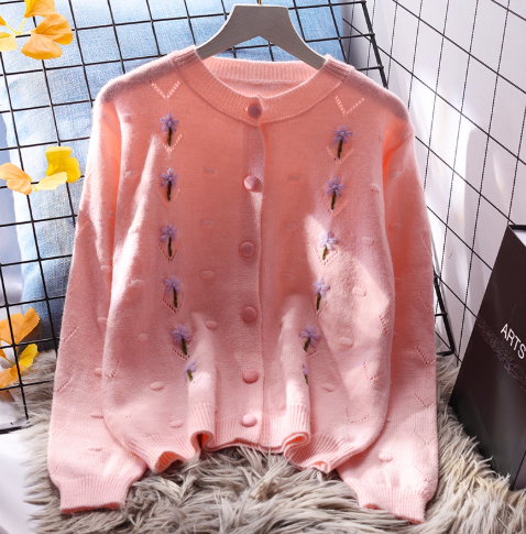 Round Neck Short Gentle Style Hollow Sweater Cardigan Autumn New Embroidered Knitted Jacket YM2350