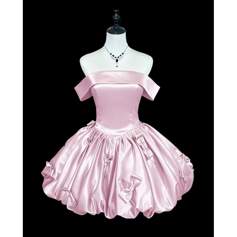 Cute Pink Satin Bow Off The Shoulder Short Birthday Dress Cocktail Dress YM2461