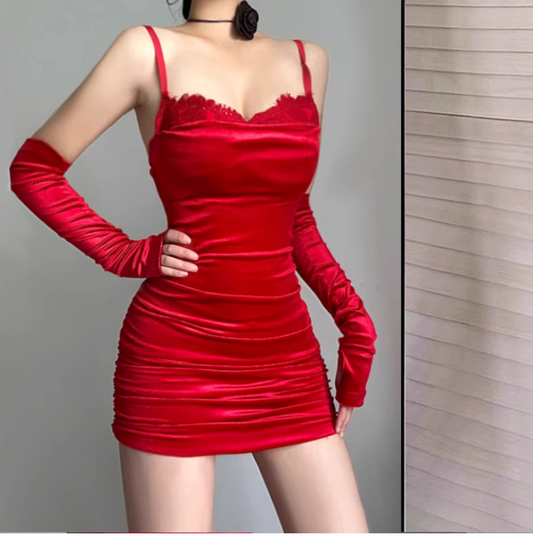 Sexy Red Spaghetti Strap Velvet Sheath Cocktail Dress Birthday Outfits YM2195