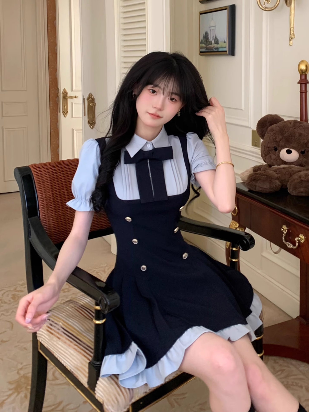 Preppy Style Fake Two-Piece Navy Blue Puff Sleeve Suspender Waist Part ...