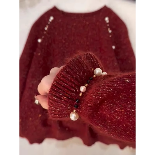 Red pearl sweater new style knitted sweater YM1904
