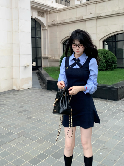 College Style Striped Shirt Fake Short Two Piece Dress Women's New YM2035