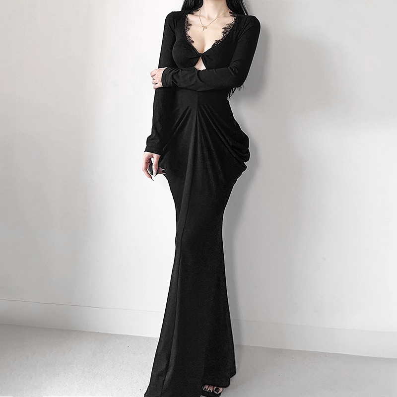 Sexy V Neck Long Sleeves Black Mermaid Long Party Dress Holiday Dress YM2253