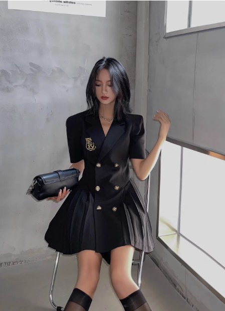 Preppy suit dress pleated dress YM1944