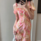 Pretty Spaghetti Straps Chiffon Print Floral Ruffle Party Dress Beach Dress YM2017