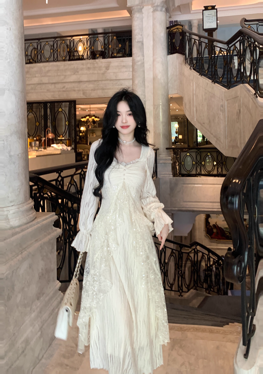 High-End And Gentle Style Lace Sequins Ruffled White Moonlight Prom Dress Apricot Party Dress YM2037
