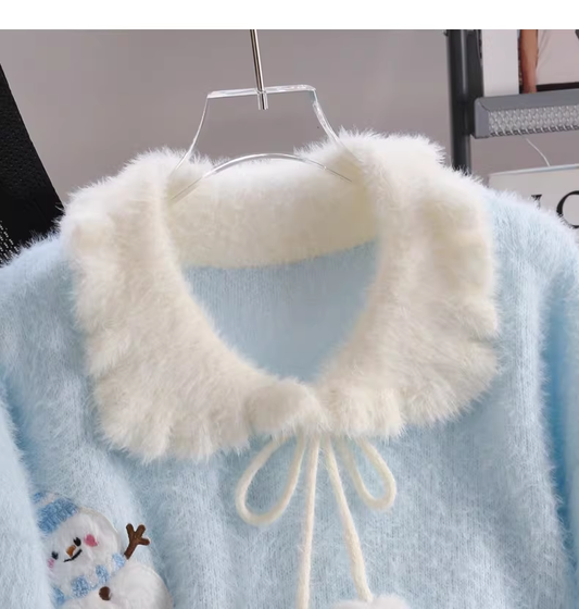 Sweet Collar Blue Snowman Knit Sweater YM2429