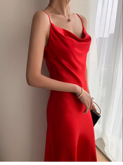 Elegant Silver Gray Spaghetti Straps Satin Long Party Dress Birthday Dresses YM2439