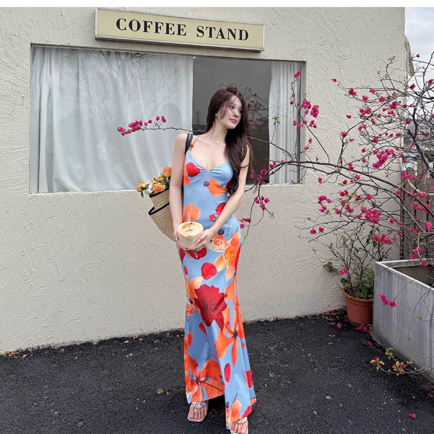 Island Vacation Dress Printed Suspender Beach Dress Sexy Backless Strap Sheath Long Dress YM2255