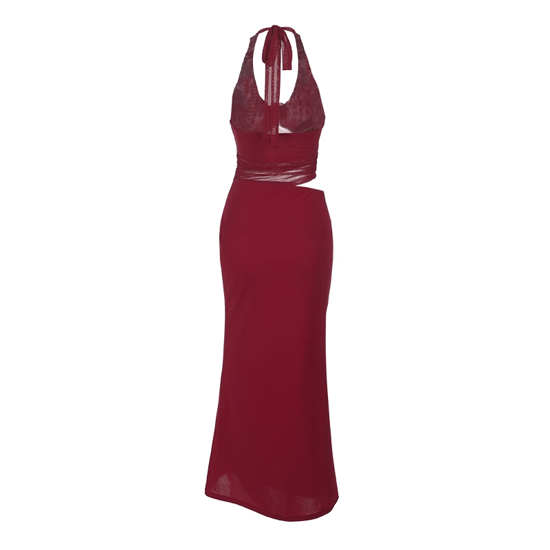 Red Halter Birthday Dress Sexy V Neck Sheath Long Vacation Dress YM2262