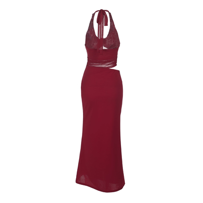 Red Halter Birthday Dress Sexy V Neck Sheath Long Vacation Dress YM2262