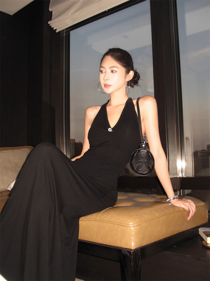 Black Halter Backless Long Party Dress Birthday Outfits YM2108