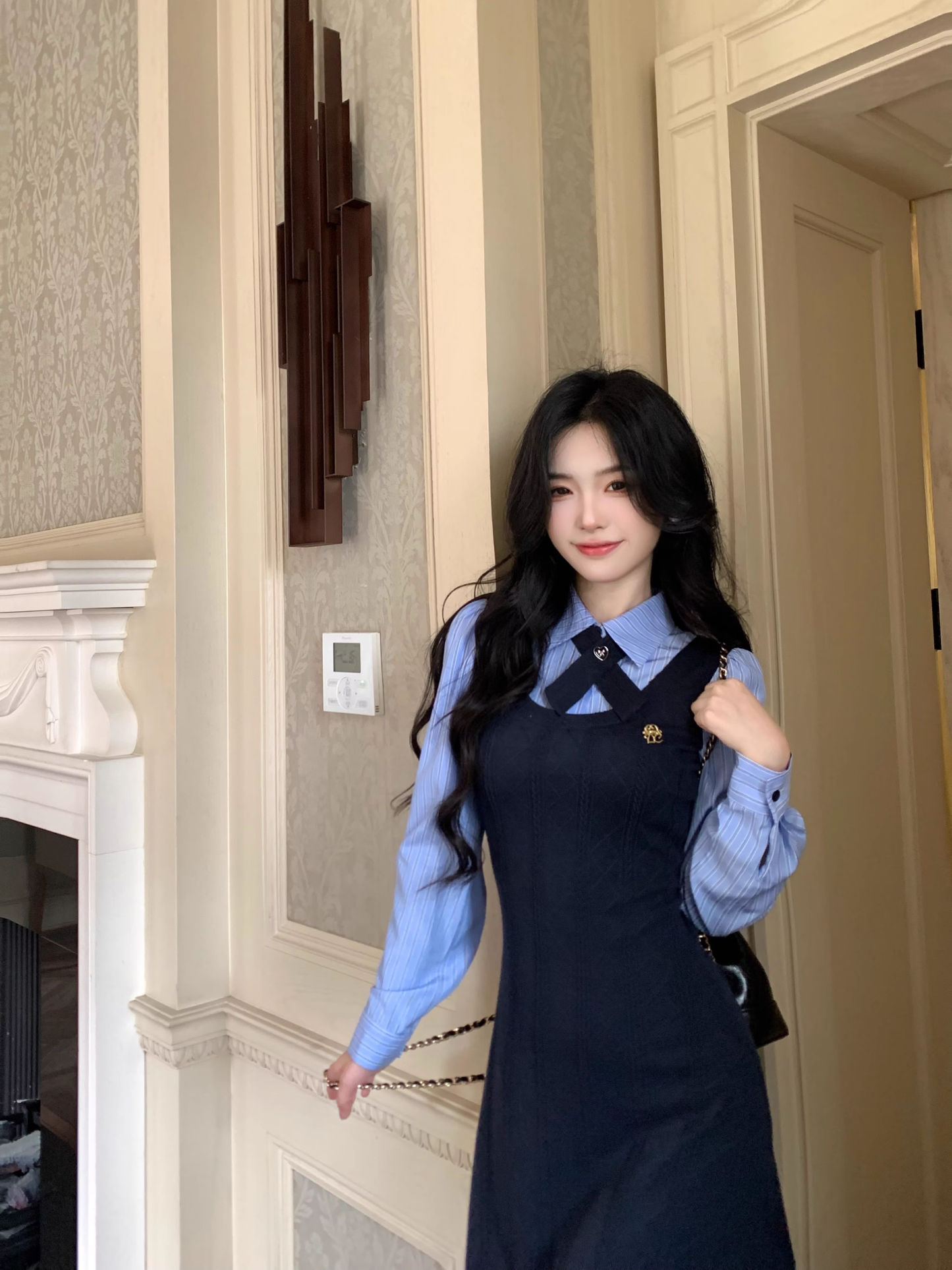 College Style Striped Shirt Fake Two Piece Dress Women's New YM2034