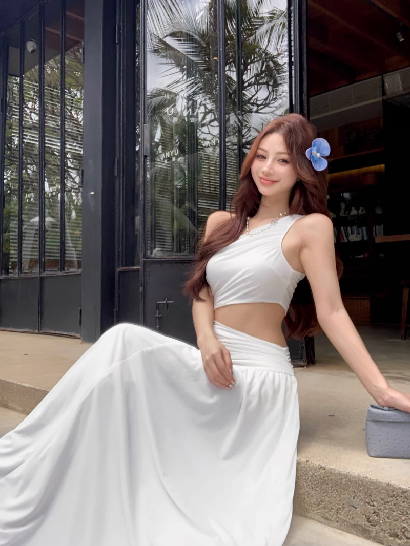Off-shoulder Sleeveless White With Hollow Slit A-line  Long Holiday Dress Vacation Dress YM2109