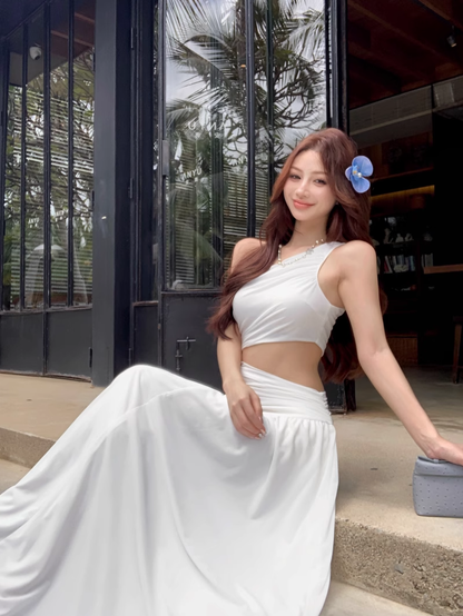 Off-shoulder Sleeveless White With Hollow Slit A-line  Long Holiday Dress Vacation Dress YM2109