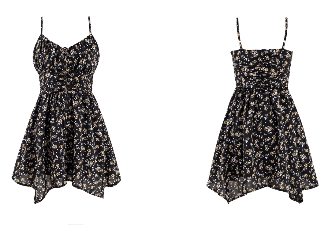 Black Floral Dress For Women, Irregular Short Dress, Hot Girl Waist Suspender Dress YM2319
