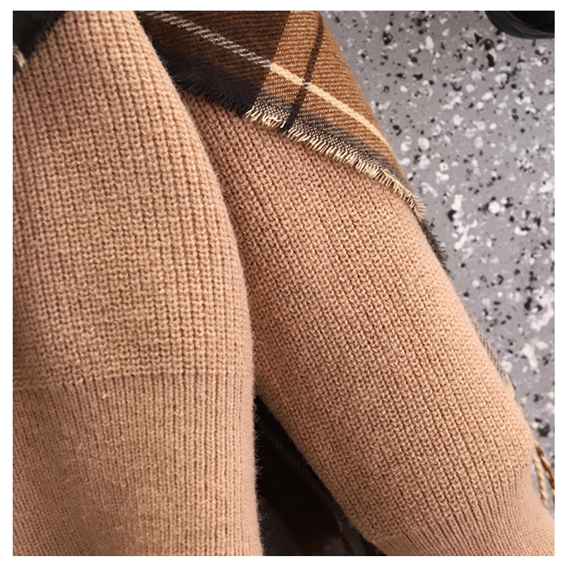 Fake Two-Piece Plaid Tassel Shawl Sweater Autumn Fashion Slim Temperament Knitted Jacket YM2296