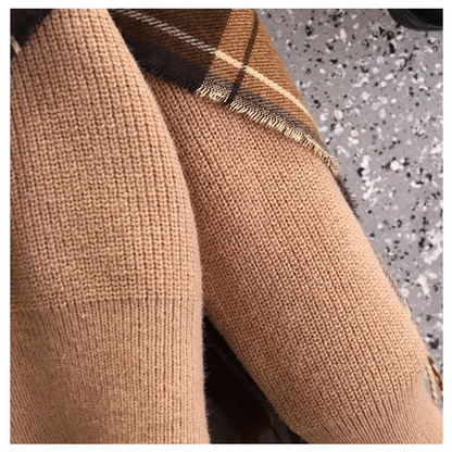 Fake Two-Piece Plaid Tassel Shawl Sweater Autumn Fashion Slim Temperament Knitted Jacket YM2296