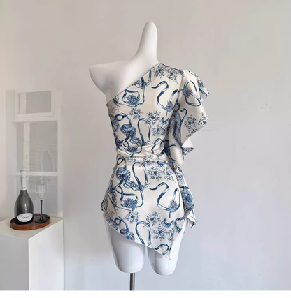 Off-shoulder Irregular Satin Print Hot Girl Sexy Mini Dress Holiday Dress YM2091