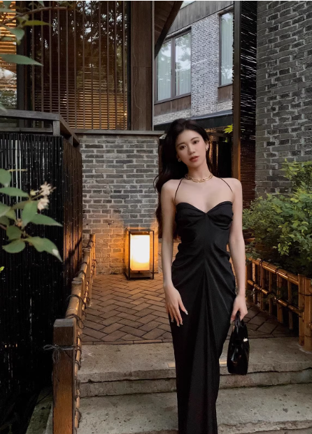 Sexy halter black satin long party dress sheath prom dress YM1968