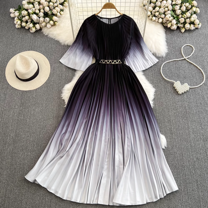 Five-quarter sleeve A-line large hem gradient pleated dress YM588