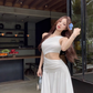 Off-shoulder Sleeveless White With Hollow Slit A-line  Long Holiday Dress Vacation Dress YM2109