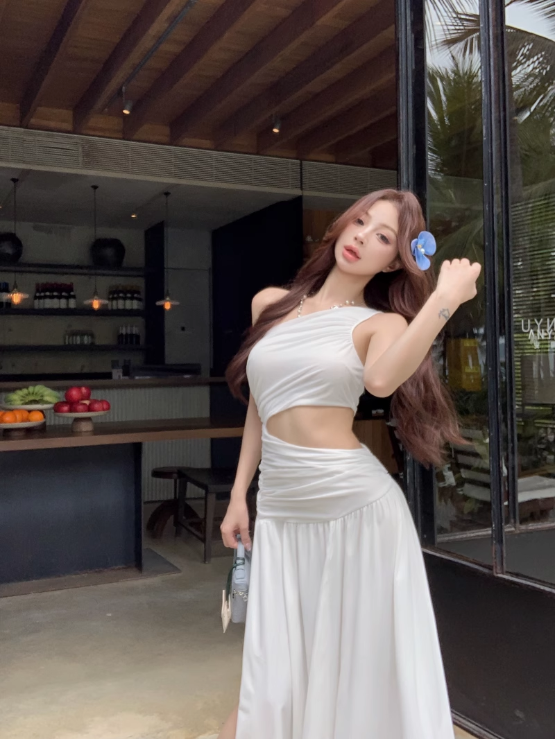 Off-shoulder Sleeveless White With Hollow Slit A-line  Long Holiday Dress Vacation Dress YM2109
