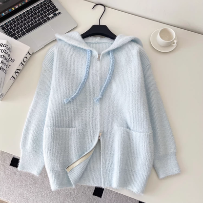 Sweet And Versatile Knitted Cardigan With Loose Hood And Zip-up Pockets YM2425