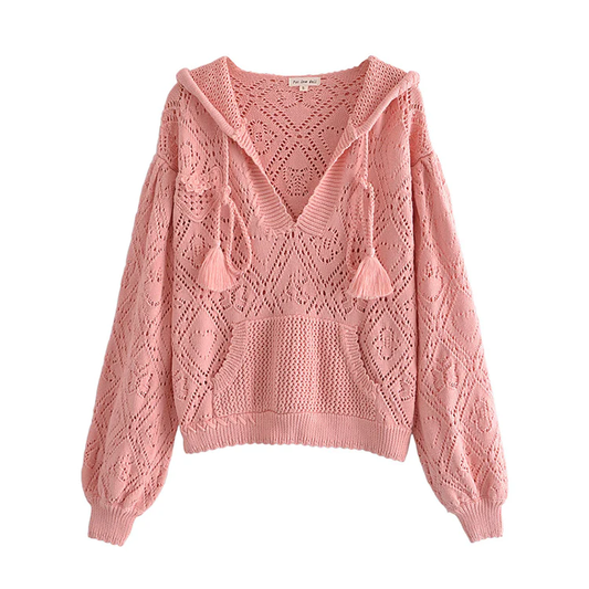 Hollow out design Pink Knitted Hooded Sweater, YM257