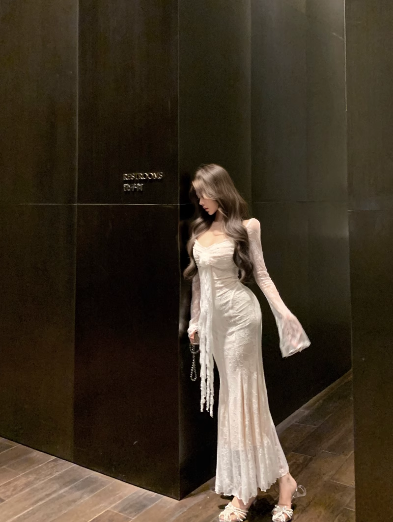 White Lace Splicing Dress Women's Long Mermaid Dress YM1816