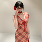 Red Sheath Plaid Hottie Dress,Sexy Backless Long Party Birthday Dress YM1994