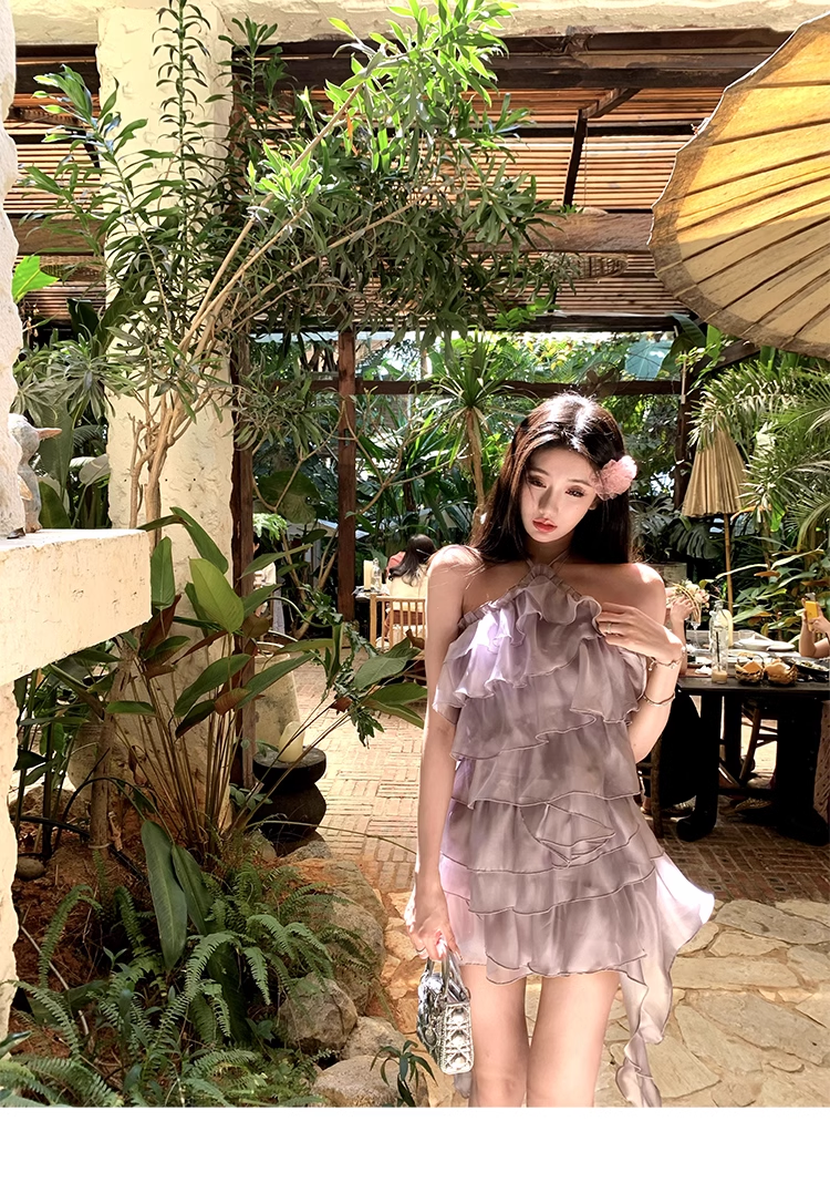 Purple Halter Neck Ruffle Layered Short Party Dress YM2010