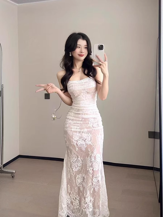 Charming Beige Lace Sheath Straps Long Prom Dress Party Gown Two Piece YM1999