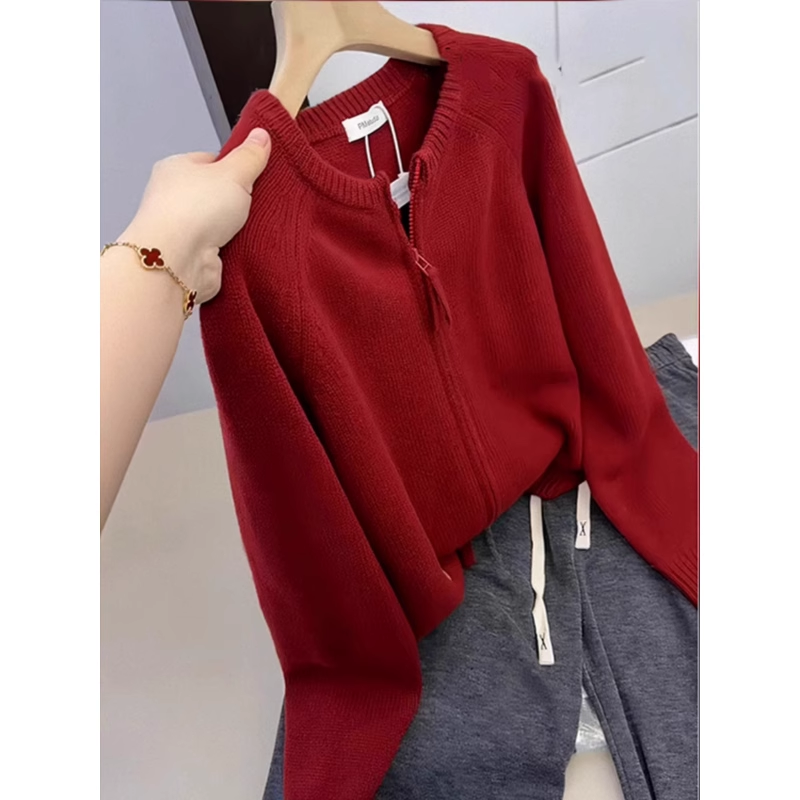 Unique Chic Red Double Zip Knitted Cardigan Sweater YM1844