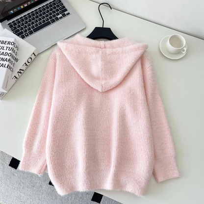 Sweet And Versatile Knitted Cardigan With Loose Hood And Zip-up Pockets YM2425