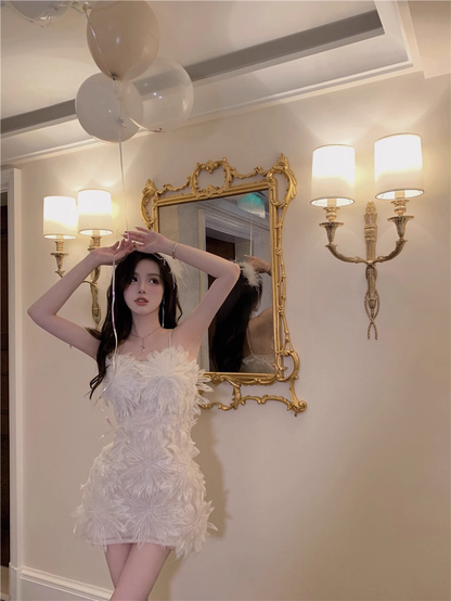 Pretty Spaghetti Straps White Lace Sheath Birthday Outfits Short Party Dress  YM2186