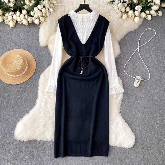 Fashionable lace spliced chiffon paired with a loose knitted vest dress two-piece casual dress YM566