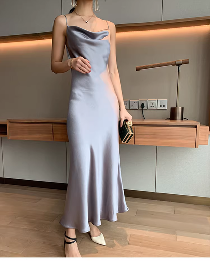 Elegant Silver Gray Spaghetti Straps Satin Long Party Dress Birthday Dresses YM2439