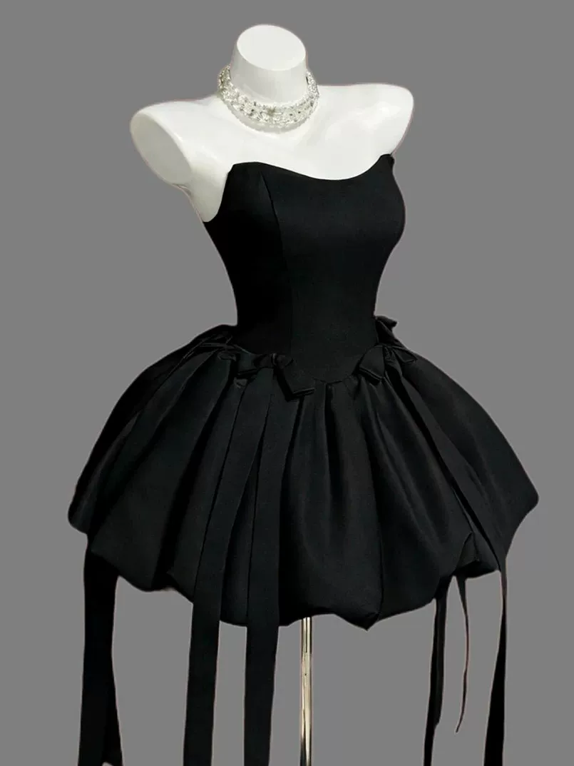 Fashion Strapless Black Satin Bow A Line Short Birthday Dress Cocktail Dress YM2464