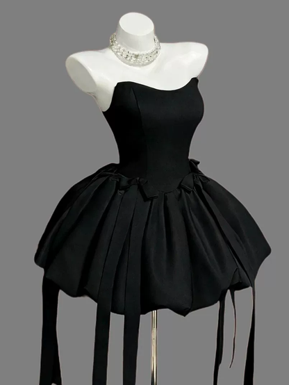 Fashion Strapless Black Satin Bow A Line Short Birthday Dress Cocktail Dress YM2464