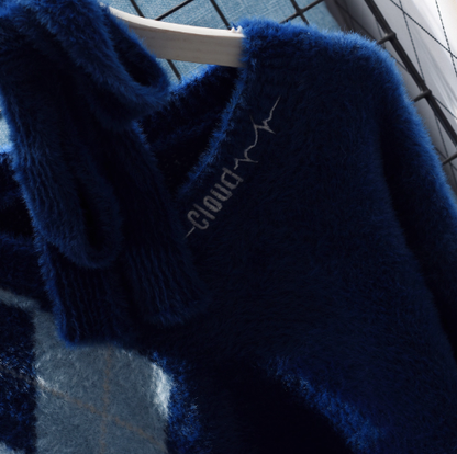 V-neck Blue Short Pullover Sweater New Style Splicing Sweater YM2387