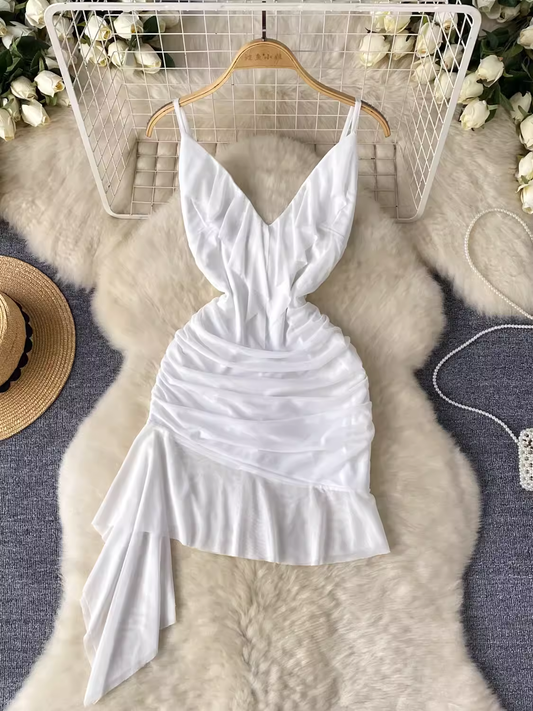 Summer V-neck ruffled tulle dress   YM1459