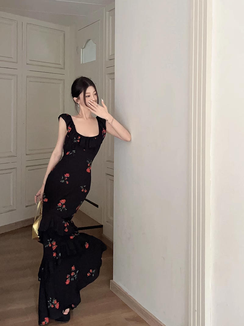 Black Vintage Ruffle Print Straps Party Dress Mermaid Birthday Dress YM1824