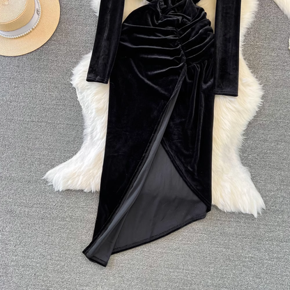 Long-sleeved V-neck pleated waist mid-length irregular slit velvet dress  YM811
