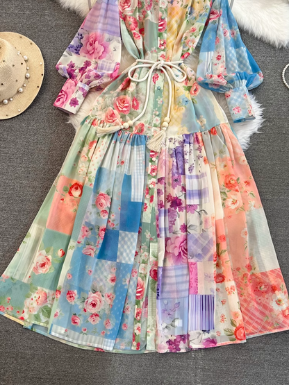 Retro style lantern long-sleeved stand collar A-line print dress YM962