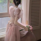 Pink backless dress for women summer puff sleeve long dress YM1503