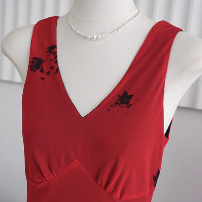 Retro Red V-neck Suspender Holiday Dress Long Birthday Dress YM2317